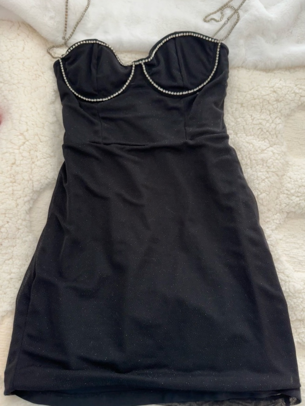 Black Rhinestone White fox Mini Dress